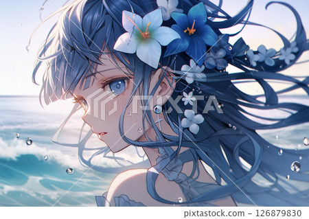 Beautiful girl with plumeria flowers in her hair 126879830