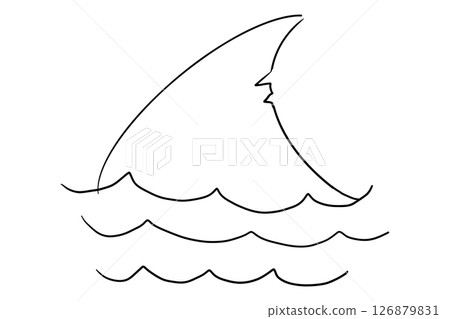 Shark fin sketch with water tattoo. Simple line silhouette dolphin or shark fin underwater. Vintage nautical retro textured shape. 126879831