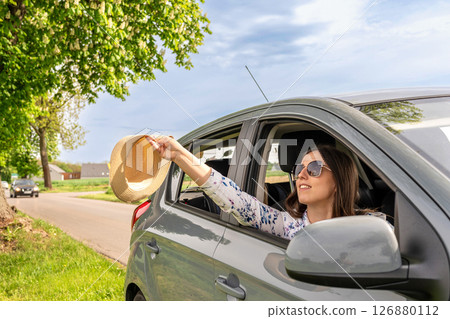 Travel couple. Man woman car journey. Love together smiling sunglasses. 126880112