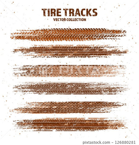 Grunge tire tracks with mud splatters, dirty wheel braking marks. Truck, car, or motorcycle tread pattern silhouettes. Perfect for off-road, motorsport, and racing designs. Vector illustration 126880281