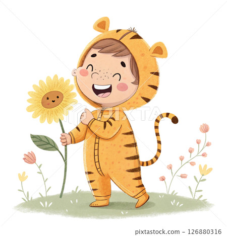 Children in cute animal costumes and holding flowers Clipart Watercolor 126880316