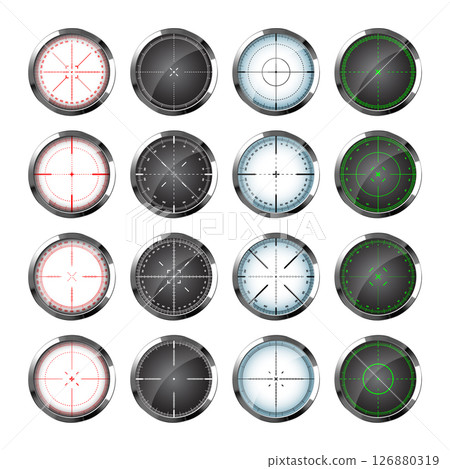 Chrome weapon sights, sniper rifle optical scopes. Hunting gun viewfinder with crosshair. Aim, shooting mark symbol. Military target sign, silhouette. Game interface UI element. Vector illustration Chrome weapon sights, sniper rifle optical scopes. Hunting gun viewfinder with crosshair. Aim, shooting mark symbol. Military target sign, silhouette. Game interface UI element. Vector illustration 126880319
