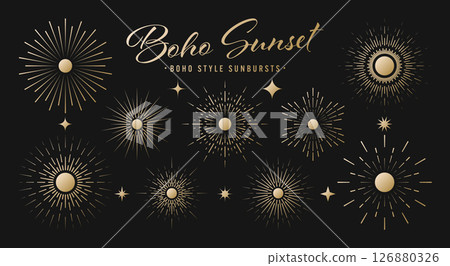 Vintage golden sunburst, sunset beams collection. Boho style, modern minimalist bohemian design. Hand drawn bursting sun, light rays. Logotype or lettering retro design element. Vector illustration 126880326