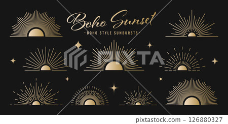 Vintage golden sunburst, sunset beams collection. Boho style, modern minimalist bohemian design. Hand drawn bursting sun, light rays. Logotype or lettering retro design element. Vector illustration 126880327