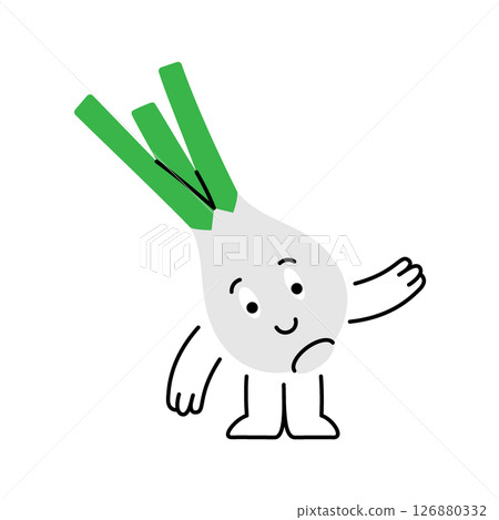 Funny onion character is smiling and hand waving. Fresh organic vegetables. Healthy eating. Vector illustration. 126880332