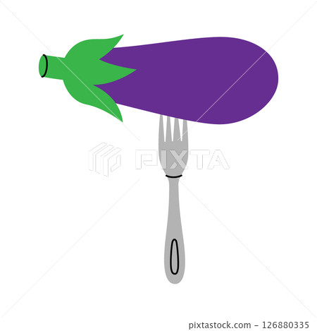 Fresh eggplant pierced on a fork. Minimal food concept symbolizing freshness, cooking, and healthy eating. Organic farm vegetable. Vector illustration Fresh eggplant pierced on a fork. Minimal food concept symbolizing freshness, cooking, and healthy eating. Organic farm vegetable. Vector illustration 126880335