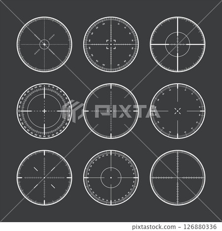 Various sniper rifle sights with degree scale, weapon optical scope crosshair. Hunting gun viewfinder. Shooting mark symbol, aim. Military target sign. Game interface UI element. Vector illustration 126880336