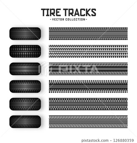 Tire tracks, rubber wheels, and braking marks. Truck, car, or motorcycle tread pattern silhouettes. Perfect for auto racing, motorsport, and speed-related designs. Vector illustration 126880359