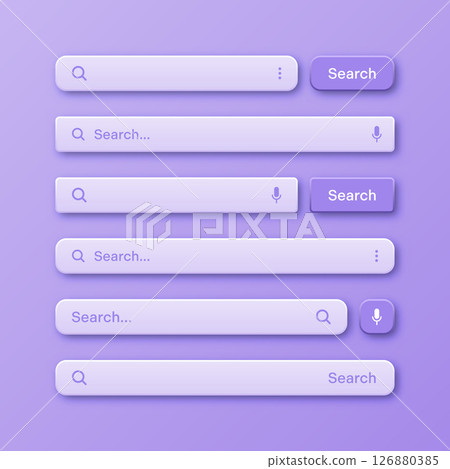 Colorful 3d search bar templates. Internet browser engine with search box, address bar and text field. UI design, website interface element with web icons and push button. Vector illustration 126880385
