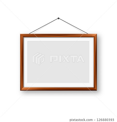 Realistic blank wooden picture frame. Modern poster mockup for artwork, photography, or advertising. Perfect for art galleries, interior decor, and branding. Vector illustration 126880393