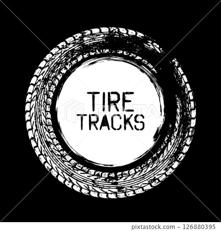 Grunge circle tire track, wheel braking mark. Truck, car or motorcycle tread pattern silhouettes. Auto race, motorsport, speed racing design element. Vector illustration 126880395