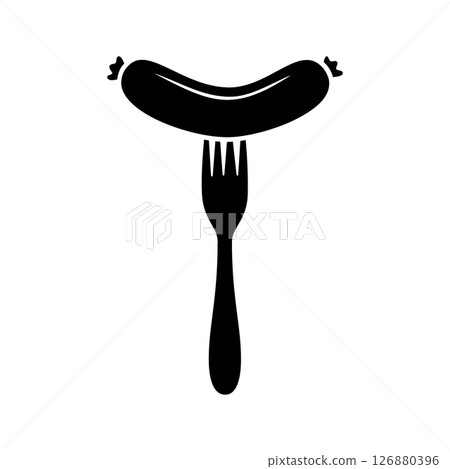 Fork with sausage icon. Butchery sausages menu. Logotype template for food market, ecommerce, organic products promotion. Vector illustration. 126880396