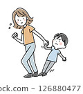 Illustration of a mother holding a reluctant child's hand 126880477