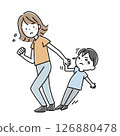 Illustration of a mother holding a reluctant child's hand 126880478