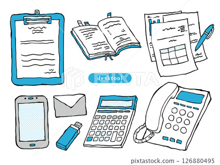 藍色調的手寫辦公用品 126880495
