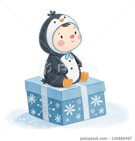 kid animal costume sitting on a gift box with minimalist white background kid animal costume sitting on a gift box with minimalist white background 126880497