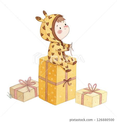 kid animal costume sitting on a gift box with minimalist white background kid animal costume sitting on a gift box with minimalist white background 126880500