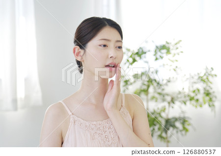 Woman beauty facial skin trouble at home Woman beauty facial skin trouble at home 126880537