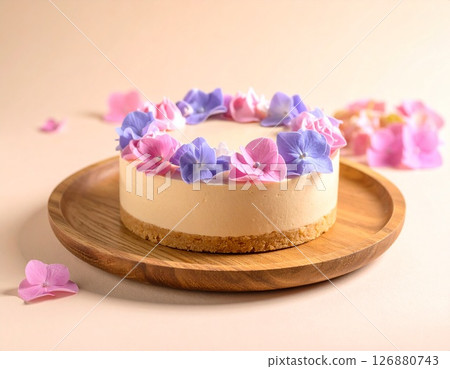 帶有逼真繡球花奶油的慕斯蛋糕 126880743