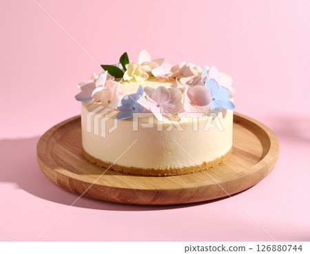 帶有逼真繡球花奶油的慕斯蛋糕 126880744