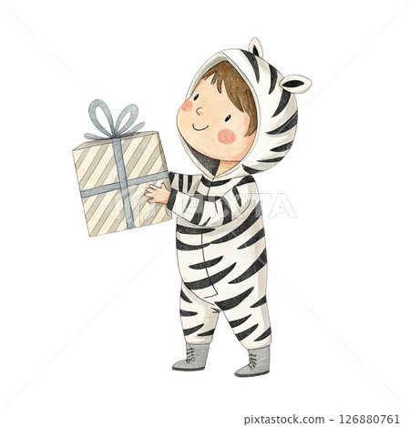 Cute animal costume kid standing holding a gift box  in Minimal  Clipart  White background style , cute and warm 126880761