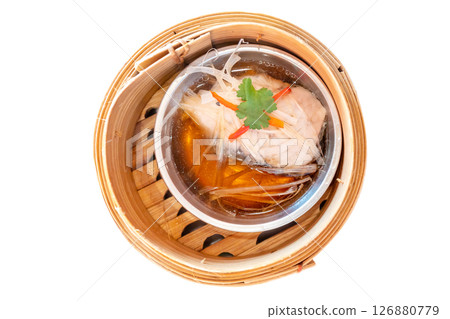 Top view of dimsum Snapper steamed with soy sauce, focus selective Top view of dimsum Snapper steamed with soy sauce, focus selective 126880779