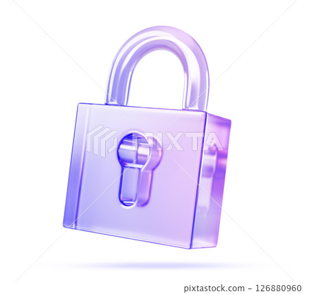 3d glass holographic transparent padlock icon render. Crystal lock with blue purple gradient and keyhole for web or ui design. Data security symbol, privacy password sign, firewall. 3D illustration 126880960