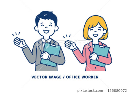 Simple vector illustration material of a businessman holding a document and guiding, male and female set Simple vector illustration material of a businessman holding a document and guiding, male and female set 126880972