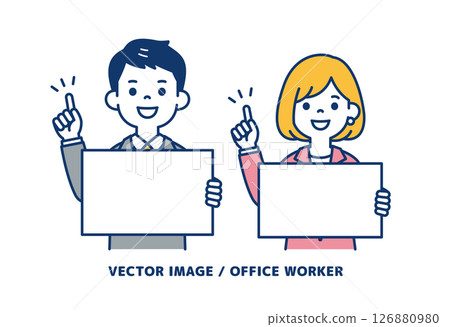 一位商人拿著掛圖講解的簡單向量插圖素材_男人和女人套裝 126880980