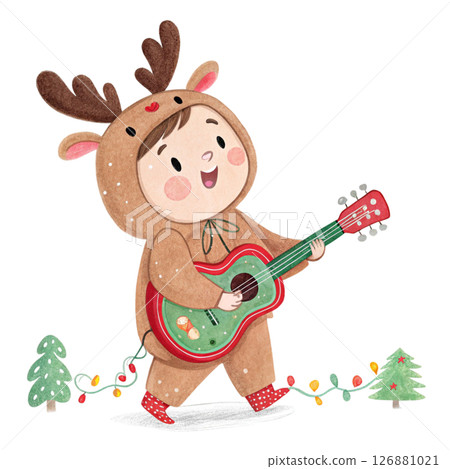 Cute animal costume kid standing holding a guitar in Minimal Pastel Clipart style watercolor Cute animal costume kid standing holding a guitar in Minimal Pastel Clipart style watercolor 126881021