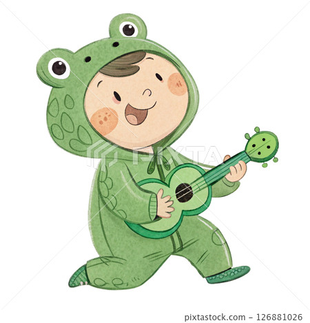 Cute animal costume kid standing holding a guitar in Minimal  Pastel  Clipart style watercolor  126881026