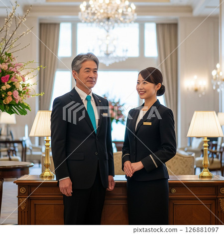 Veteran and young hotel staff: smiling hospitality Veteran and young hotel staff: smiling hospitality 126881097