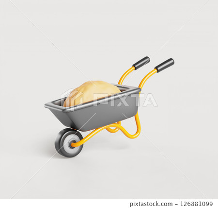 Wheelbarrow with yellow sand pile 3d render icon. Construction metal barrow with wheel and handles. Garden equipment, handcart to transport materials isolated on white background. 3D illustration 126881099