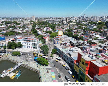 Aerial view of the colorful streets of the La Boca district in Buenos Aires Aerial view of the colorful streets of the La Boca district in Buenos Aires 126881100