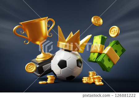 Football betting dark background. Soccer ball with golden crown, championship cup with flying coins and dollar money stacks. Sports forecast, bet and win in bookmaker, cartoon render. 3D illustration Football betting dark background. Soccer ball with golden crown, championship cup with flying coins and dollar money stacks. Sports forecast, bet and win in bookmaker, cartoon render. 3D illustration 126881222