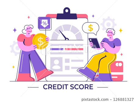Credit Score Vector Illustration with a Loan Arrow Gauge Speedometer Indicator Displaying Ratings from Poor to Good in a Flat Style Background Credit Score Vector Illustration with a Loan Arrow Gauge Speedometer Indicator Displaying Ratings from Poor to Good in a Flat Style Background 126881327