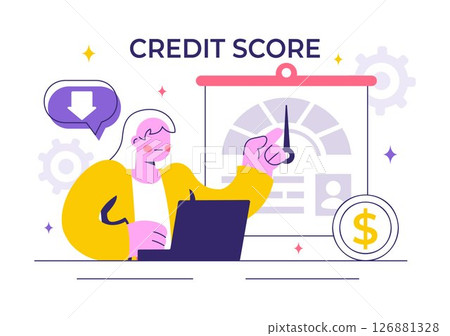 Credit Score Vector Illustration with a Loan Arrow Gauge Speedometer Indicator Displaying Ratings from Poor to Good in a Flat Style Background 126881328