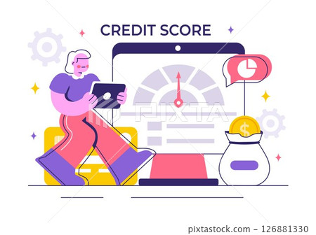 Credit Score Vector Illustration with a Loan Arrow Gauge Speedometer Indicator Displaying Ratings from Poor to Good in a Flat Style Background 126881330
