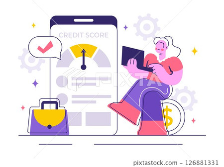 Credit Score Vector Illustration with a Loan Arrow Gauge Speedometer Indicator Displaying Ratings from Poor to Good in a Flat Style Background 126881331