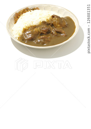 Chicken curry with large chunks of chicken photographed on a white background 126881351