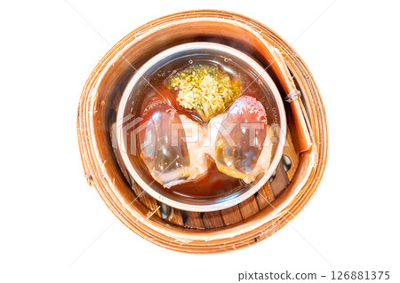 Top view of dimsum Topping with Red Salted Eggs, focus selective 126881375