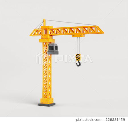 3d tower crane with control cabin, slewing boom and lifting hook on steel cables render. Yellow industrial equipment for house building construction work isolated on white background. 3D illustration 3d tower crane with control cabin, slewing boom and lifting hook on steel cables render. Yellow industrial equipment for house building construction work isolated on white background. 3D illustration 126881459