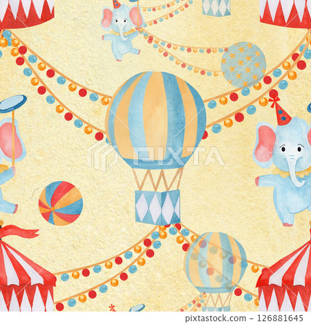 Watercolor seamless pattern hand drawn circus illustration featuring elephants, balloons and colorful decoration on yellow backgrounds. For stationery designs, wallpaper nursery invitations, scrapbook 126881645