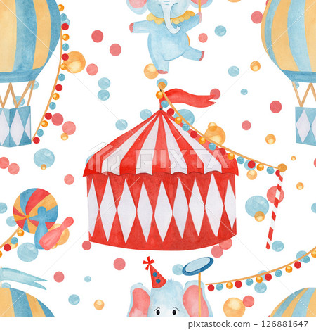 Watercolor hand drawn circus illustration featuring elephants, balloons, tents, and colorful decoration on white backgrounds. For kids' party invitations, nursery decor, or playful stationery designs 126881647