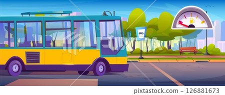 Empty bus waits at stop with gasoline indicator Empty bus waits at stop with gasoline indicator 126881673