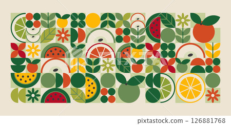 Green geometric fruit slices pattern 126881768