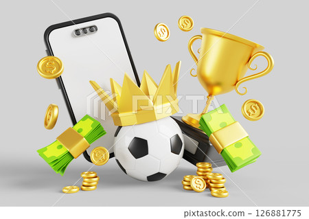3d online sports betting in mobile app banner. Soccer ball with golden crown, champion cup with flying dollar coins and green money stacks. Bet on football, winner in bookmaker game. 3D illustration 3d online sports betting in mobile app banner. Soccer ball with golden crown, champion cup with flying dollar coins and green money stacks. Bet on football, winner in bookmaker game. 3D illustration 126881775
