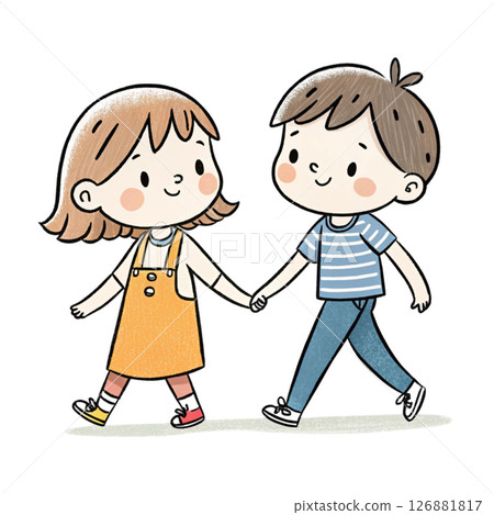 children holding hands and going together Clipart watercolor  126881817