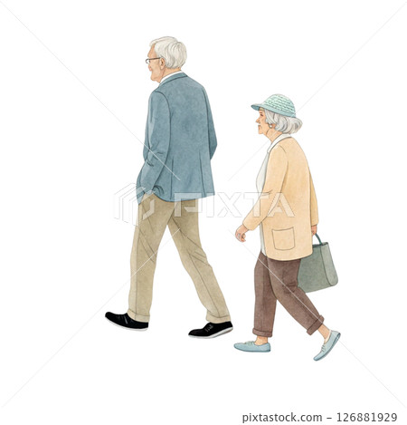 Elderly couple walking together in flat line cartoon style with white background Elderly couple walking together in flat line cartoon style with white background 126881929