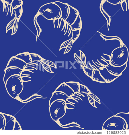 Shrimps vector seamless pattern. Hand-drawn Marine illustrations of beige engraved line on Blue background. La Dolce Vita themed print, inspired by Summer Italian aesthetic. 126882023